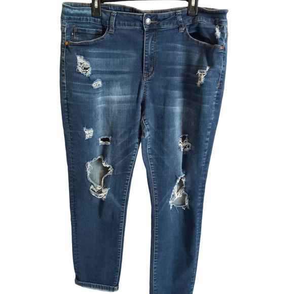 Judy Blue | Dark Wash Boyfriend Fit Distressed Stretchy Jeans Fading Whiskering - Picture 1 of 12